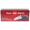 Super Door Stop Alarm, red box with white text, 120 dB alarm, adjustable sensitivity, for all hinged doors, black and silver device.