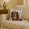 Longhaired Chocolate and Tan Dachshund Coastal Sea Glass Throw Pillow 18" x 18" product image at NuMercy 2