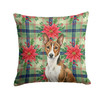 Brindle and White Basenji Christmas Poinsettias Throw Pillow 18" x 18" product image at NuMercy