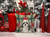 Grey and White Tibetan Spaniel Christmas Poinsettias Throw Pillow 18" x 18" product image at NuMercy 7