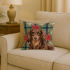 Longhaired Chocolate and Tan Dachshund Christmas Poinsettias Throw Pillow 18" x 18" product image at NuMercy 2