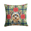 Blue and Tan Yorkshire Terrier Christmas Poinsettias Throw Pillow 18" x 18" product image at NuMercy