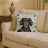 Longhaired Black and Tan Dachshund Coastal Sea Glass Throw Pillow 14" x 14" product image at NuMercy 2