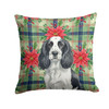 Black and White English Springer Spaniel Christmas Poinsettias Throw Pillow 14" x 14" product image at NuMercy