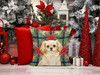 Cream Tibetan Spaniel Christmas Poinsettias Throw Pillow 14" x 14" product image at NuMercy 7