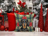 Longhaired Black and Tan Dachshund Christmas Poinsettias Throw Pillow 14" x 14" product image at NuMercy 7
