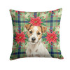 White with Tan Markings Russell Terrier Christmas Poinsettias Throw Pillow 14" x 14" product image at NuMercy