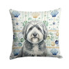 Gray and White Old English Sheepdog Coastal Sea Glass Throw Pillow 14" x 14" product image at NuMercy