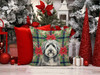 Gray and White Old English Sheepdog Christmas Poinsettias Throw Pillow 14" x 14" product image at NuMercy 7