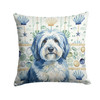 Blue and White Old English Sheepdog Coastal Sea Glass Throw Pillow 14" x 14" product image at NuMercy