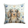Longhaired Dapple Dachshund Coastal Sea Glass Throw Pillow 14" x 14" product image at NuMercy