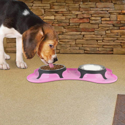 Bone Shaped Plastic Pet Double Diner with Stainless Steel Bowls, Pink and Silver-Set of 2