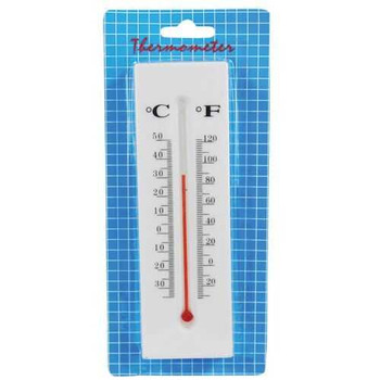 Thermometer Diversion Safe, white plastic, red mercury column, Celsius and Fahrenheit scales, packaged on blue grid backing.