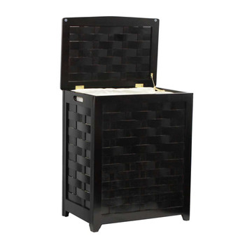 Oceanstar Mahogany Finished Rectangular Veneer Laundry Wood Hamper with Interior Bag, black woven design and open lid showing cream interior.