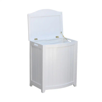 White finished bowed front laundry hamper, Oceanstar Wooden BHP0106W, open lid shown.