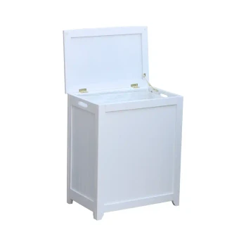 White finished rectangular laundry hamper with interior bag, Oceanstar brand, open lid showing storage space.