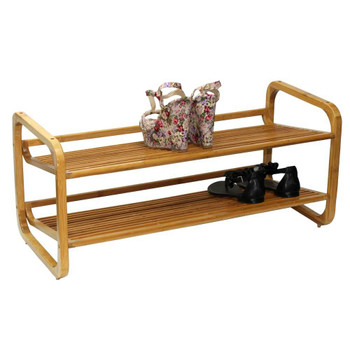Oceanstar SR1224 2 Tier Bamboo Shoe Rack, light brown color, two levels, holding shoes and handbags on it.