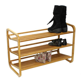 Oceanstar SR1231 3 Tier Bamboo Shoe Rack with shoes and boots on display, showcasing its storage capacity and natural bamboo design.