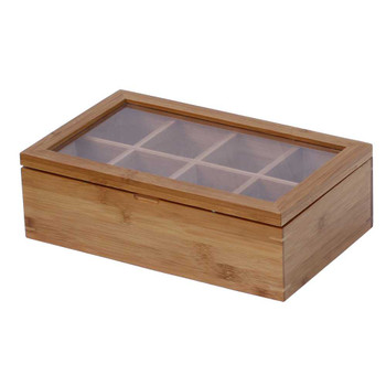 Oceanstar Bamboo Tea Box with glass top, wooden frame, and multiple compartments for tea storage, made from natural bamboo material.
