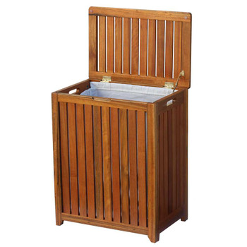 Oceanstar Solid Wood Spa Hamper, brown wooden slatted storage with lid open, showcasing interior.