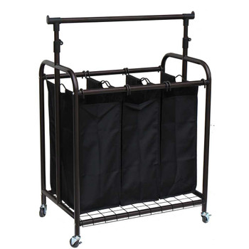 Oceanstar Bronze 3-bag rolling laundry sorter with adjustable hanging bar, black fabric bags, and metal frame on wheels.