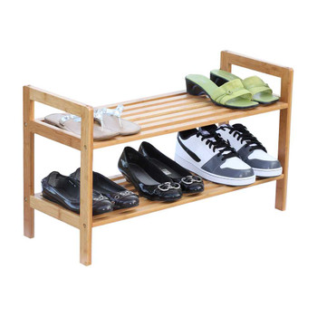Oceanstar 2 Tier Bamboo Shoe Rack with multiple shoes on it, light brown color, made of bamboo, two tier shoe organizer.