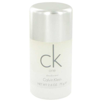 CK One by Calvin Klein Deodorant Stick, 2.6 oz, white packaging with silver cap and gray text, Calvin Klein branding.