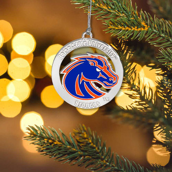 Boise State Broncos Ornament, silver circular charm with blue and orange horse head logo, Boise State University text, hanging on Christmas tree branch.