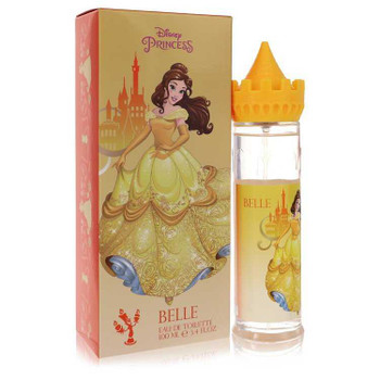 Disney Princess Belle Eau De Toilette Spray 3.4 oz perfume bottle and box, yellow and gold packaging, Belle fragrance by Disney.