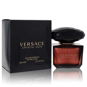 Versace Crystal Noir Eau De Parfum Spray 3 oz, Versace perfume, black bottle, brown liquid, fragrance packaging, luxury cologne.