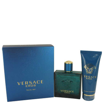 Versace Eros gift set, 3.4 oz Eau De Toilette spray and shower gel, Versace branding, blue packaging, gold accents.