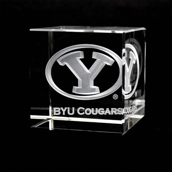 BYU Cougars Crystal Cube, clear glass paperweight with engraved BYU Cougars logo and text.
