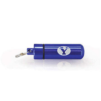 BYU Cougars oil vial, blue, with BYU logo, metal, keychain attached, official team colors and branding, BYU sports team accessory.