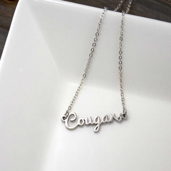 BYU Cougars Script Necklace, Brigham Young Cougars, silver chain, cursive "Cougars" nameplate.