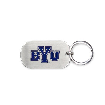 BYU Cougars logo dog tag key chain, silver oval shape with blue BYU letters and metal ring.