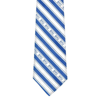 BYU Cougars youth tie, blue and white stripes with BYU logo printed on it.