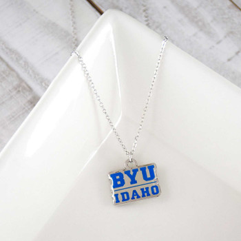 BYU Idaho Fan Necklace, silver chain with blue and gold rectangular pendant.