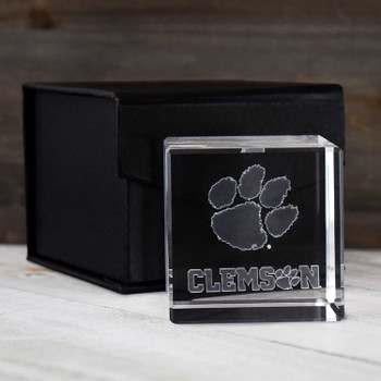 Clemson Tigers Paw Cube, clear glass paperweight with engraved paw print and Clemson logo.