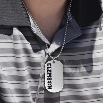 Clemson Tigers Dog Tag necklace in silver with engraved Clemson logo, hanging on a chain, made of metal.