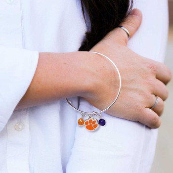 Clemson Tigers Bangle Bracelet in silver with orange and purple charms by brand 359.