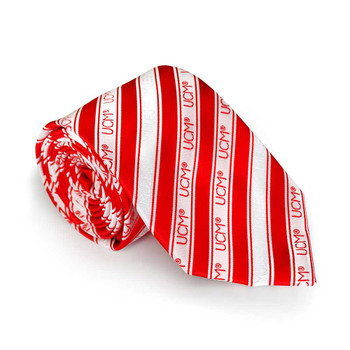 Central Missouri Mules Men's Tie, red and white stripes with UCM logo, neatly folded and displayed on a clean white background.