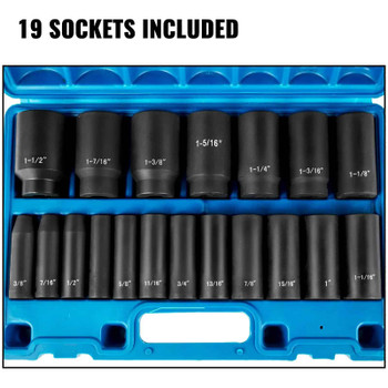 VEVOR 19 Piece Impact Socket Set in blue case, black sockets with white labeling, various sizes including 1/2" to 1 1/2".