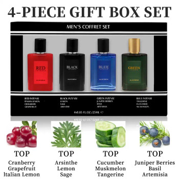 Men's Coffret 4-Piece Gift Box Set Fragrance, four bottles, red, black, blue, green colors, perfume bottles, men's fragrance gift set.
