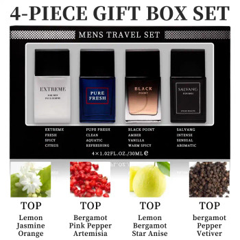 Generic Men's Travel Set 4-Piece Gift Box Fragrance, black, white, and silver bottles, pink and green.
