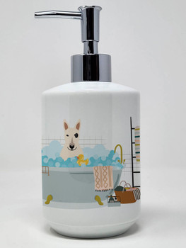 NEW White Bull Terrier in Bathtub Ceramic Hand Soap Dispenser product image at NuMercy