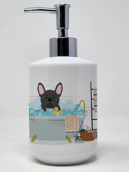 Black French Bulldog in Bathtub Ceramic Hand Soap Dispenser product image at NuMercy