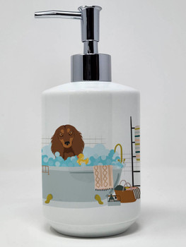 Longhair Chocolate and Tan Dachshund Ceramic Hand Soap Dispenser product image at NuMercy