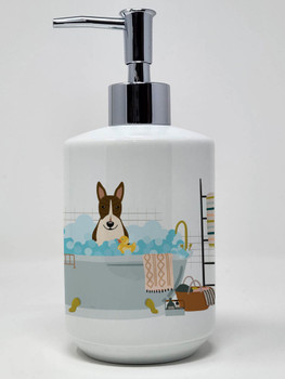 NEW Dark Brindle Bull Terrier in Bathtub Ceramic Hand Soap Dispenser product image at NuMercy