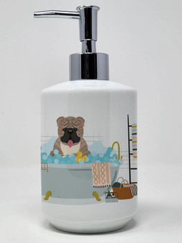 Grey Brindle English Bulldog in Bathtub Ceramic Hand Soap Dispenser product image at NuMercy