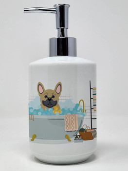 Cream French Bulldog in Bathtub Ceramic Hand Soap Dispenser product image at NuMercy